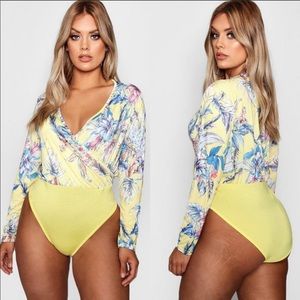 Boohoo plus slinky floral wrap yellow bodysuit